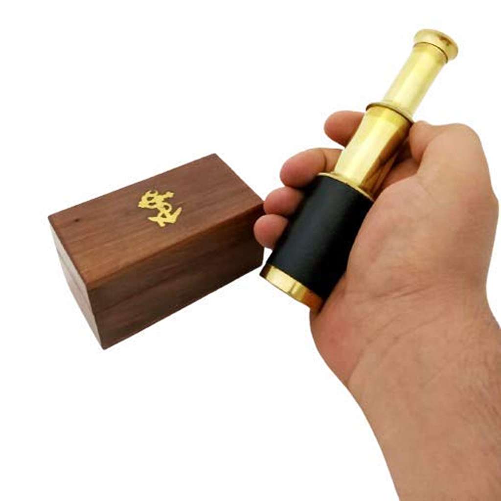 brass mini pocket telescope with wooden box_11zon